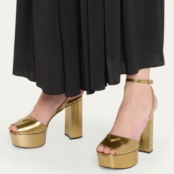 Prada Gold Platform logo Heels for Women 38.5 - Picture 3 of 11